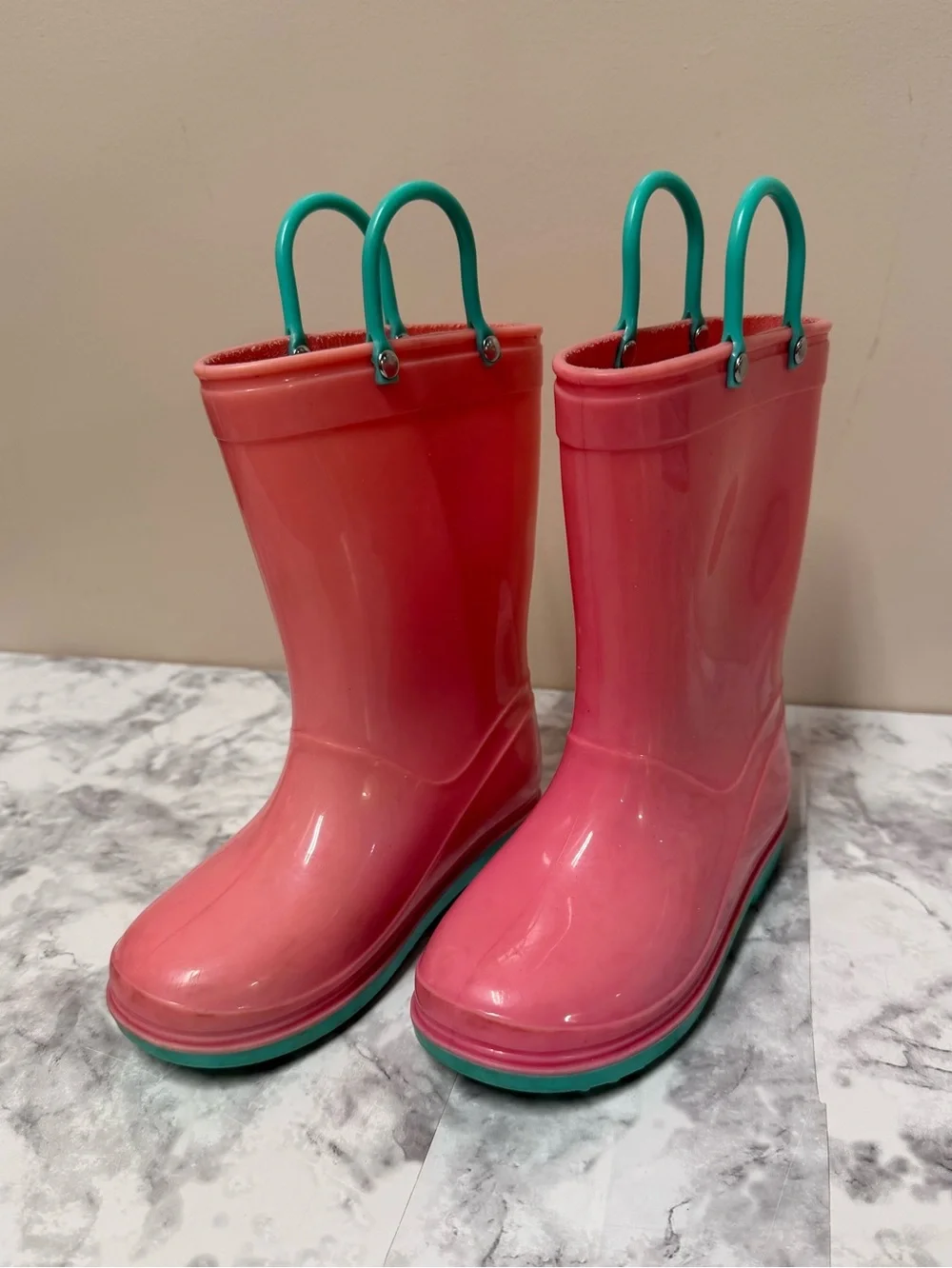 Pink Kids Rain Boots with Teal Handles